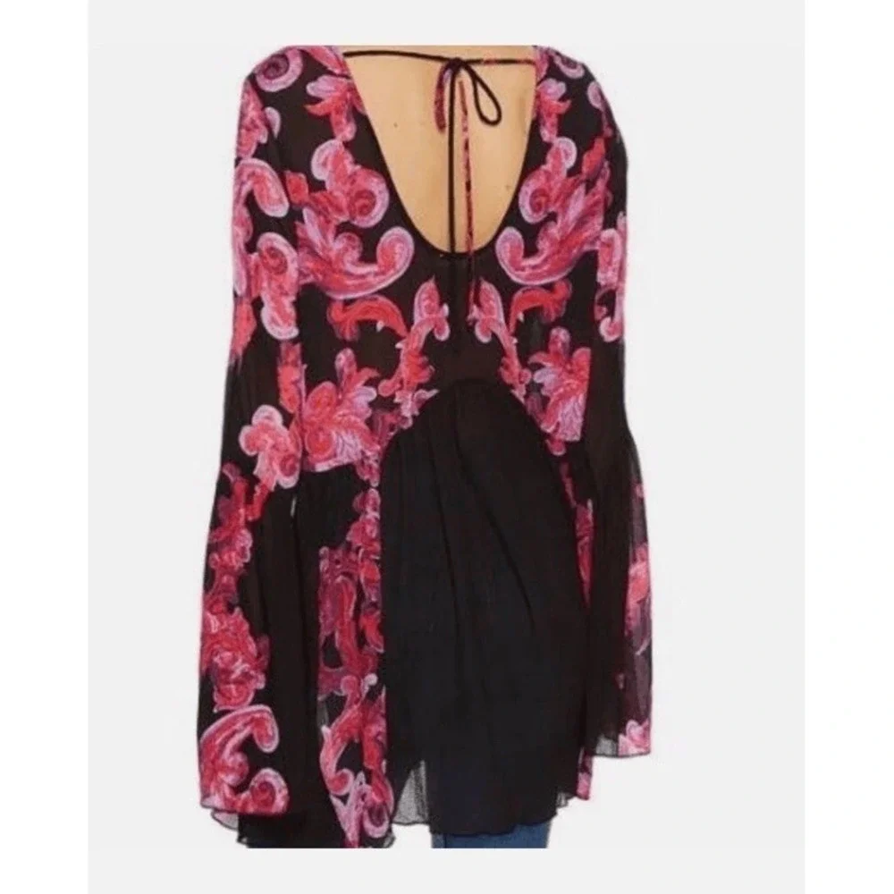 Free People intimately Symphony‎ Black M Bell Sleeve Tunic Semi Sheer Dress Boho - Picture 7 of 8